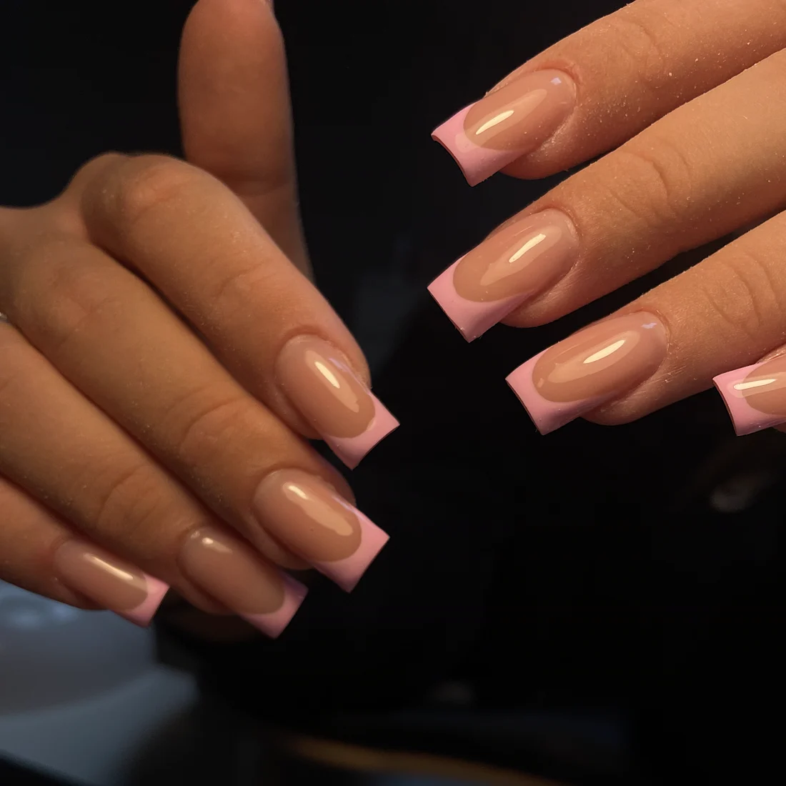 Baby pink french on long square nails