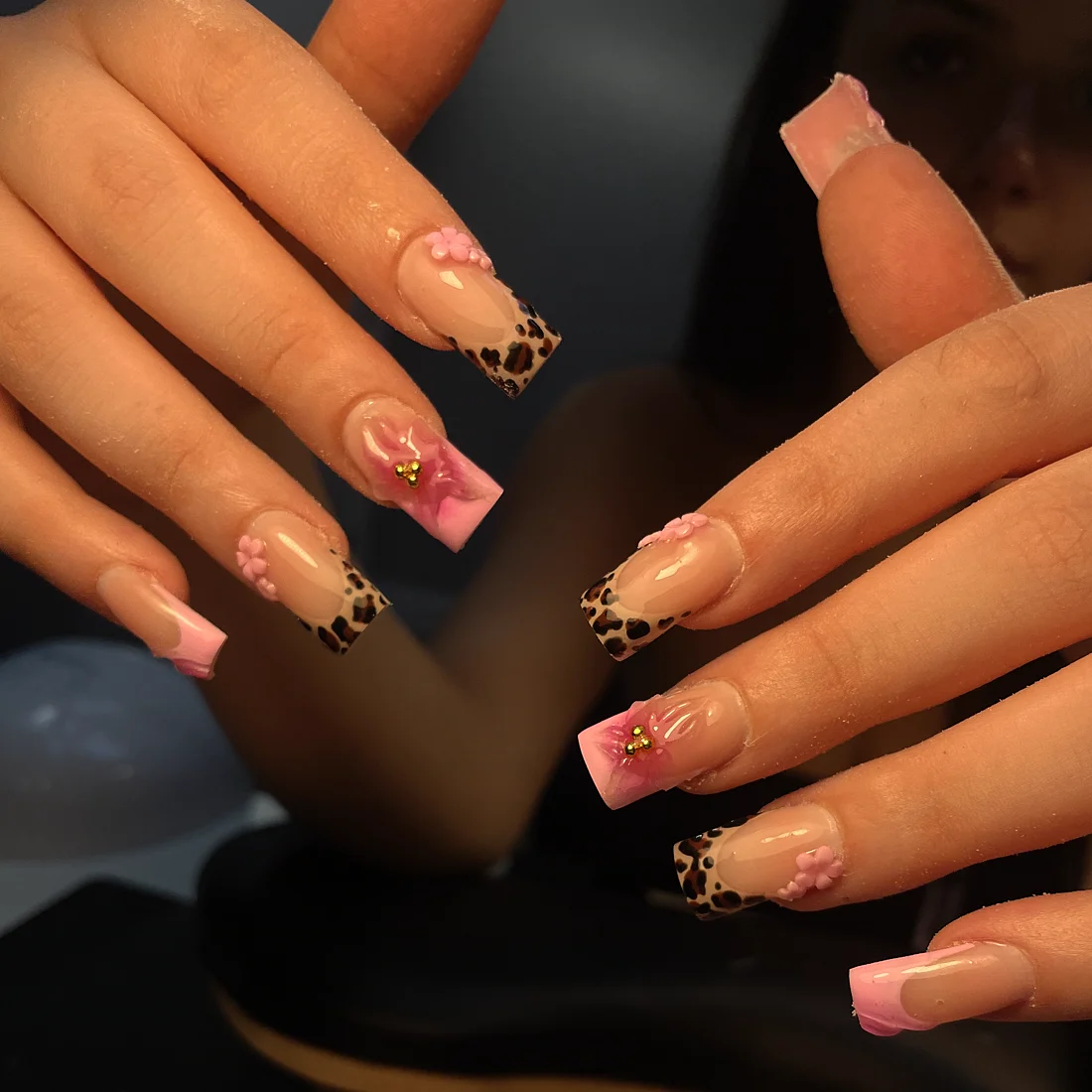 Leopard print french with 3D pink bows by Jenny
