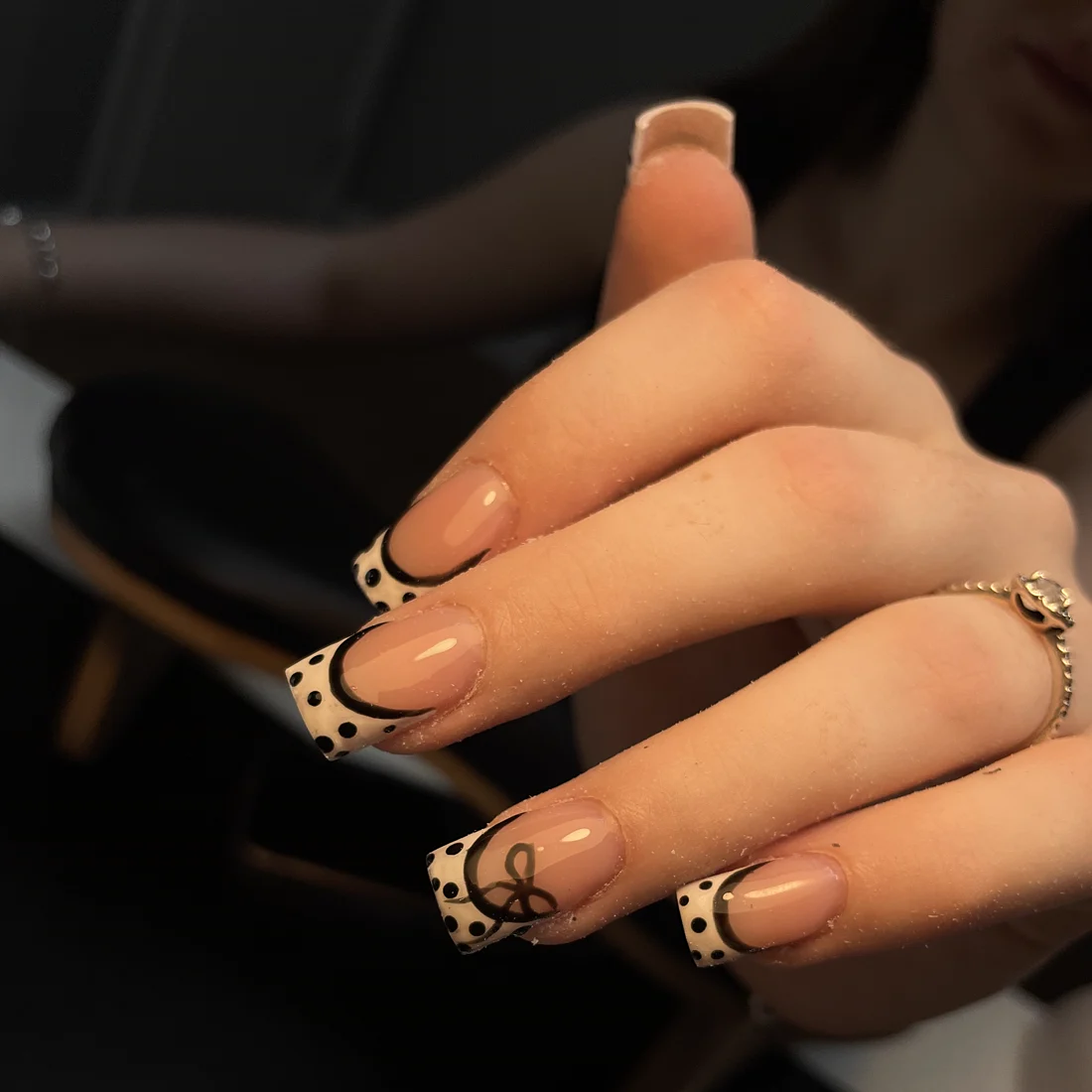Black and white polka dot set with hand-painted detail